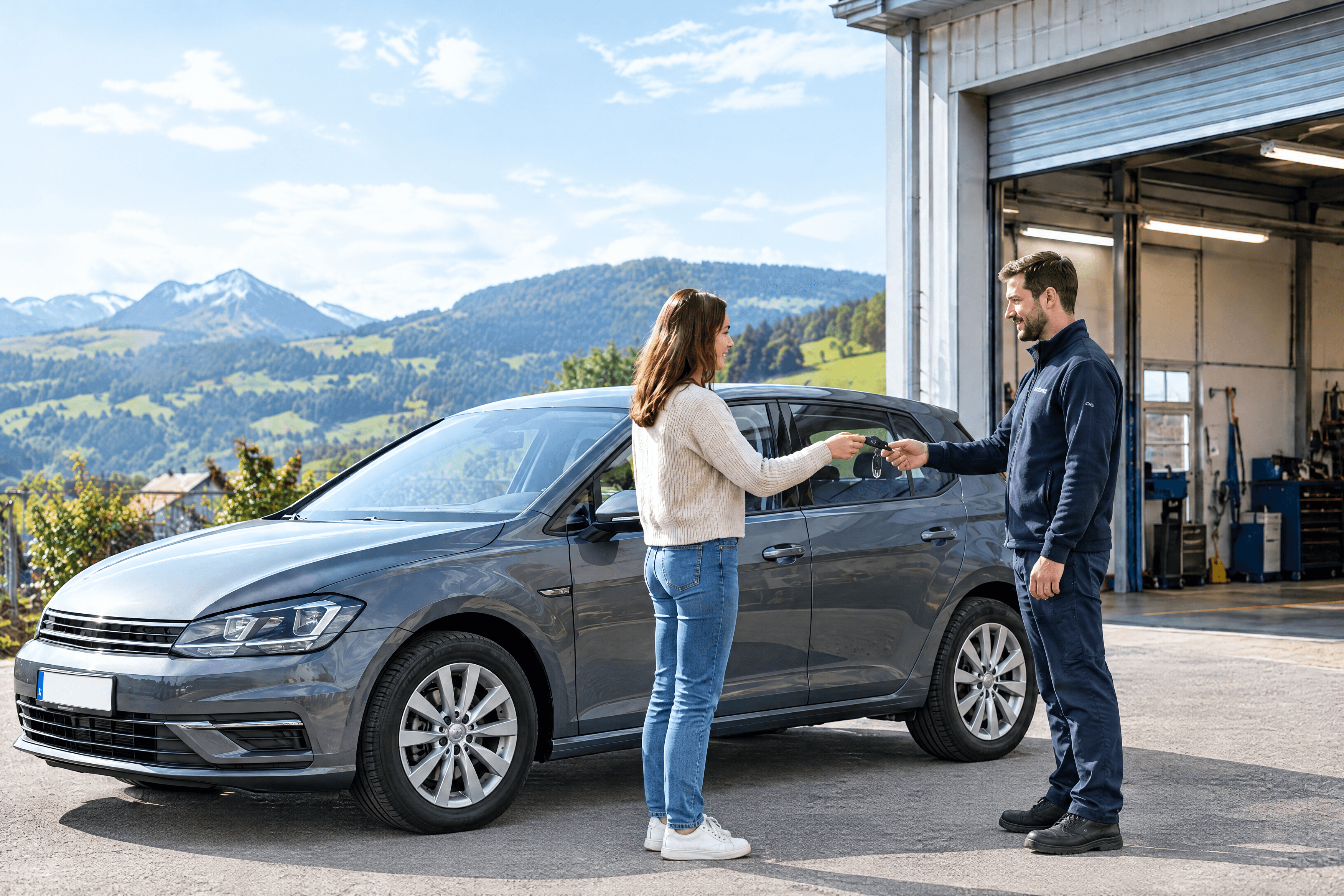 A customer hands her car key to the driver in front of a workshop.